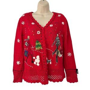 Designs Originals Studio Joy Womens Sz S Red Christmas Dogs Cardigan Sweater
